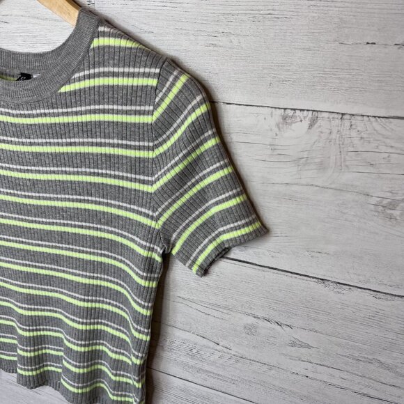 H&M Top Womens Size Medium Gray, White and Neon Yellow Divided Striped Ribbed - Picture 5 of 11